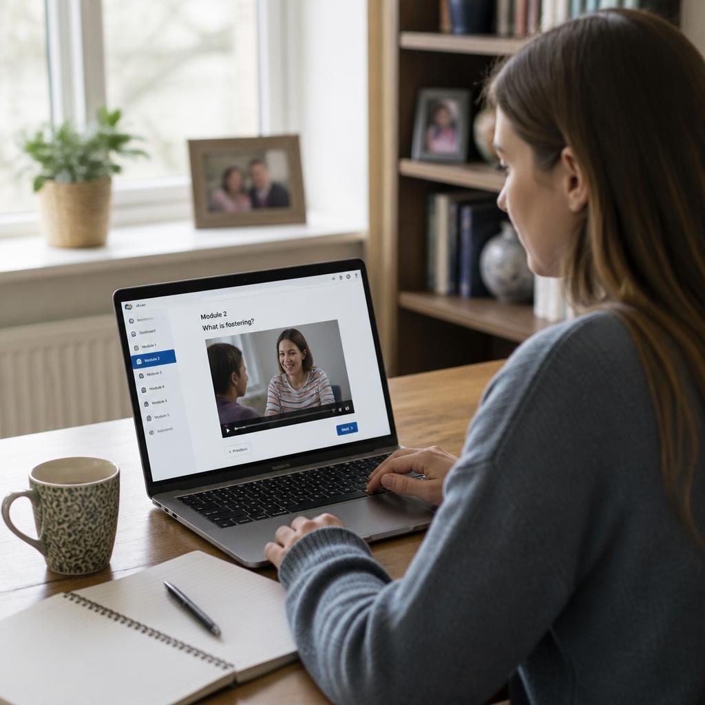 Person completing an online foster training module on a laptop
