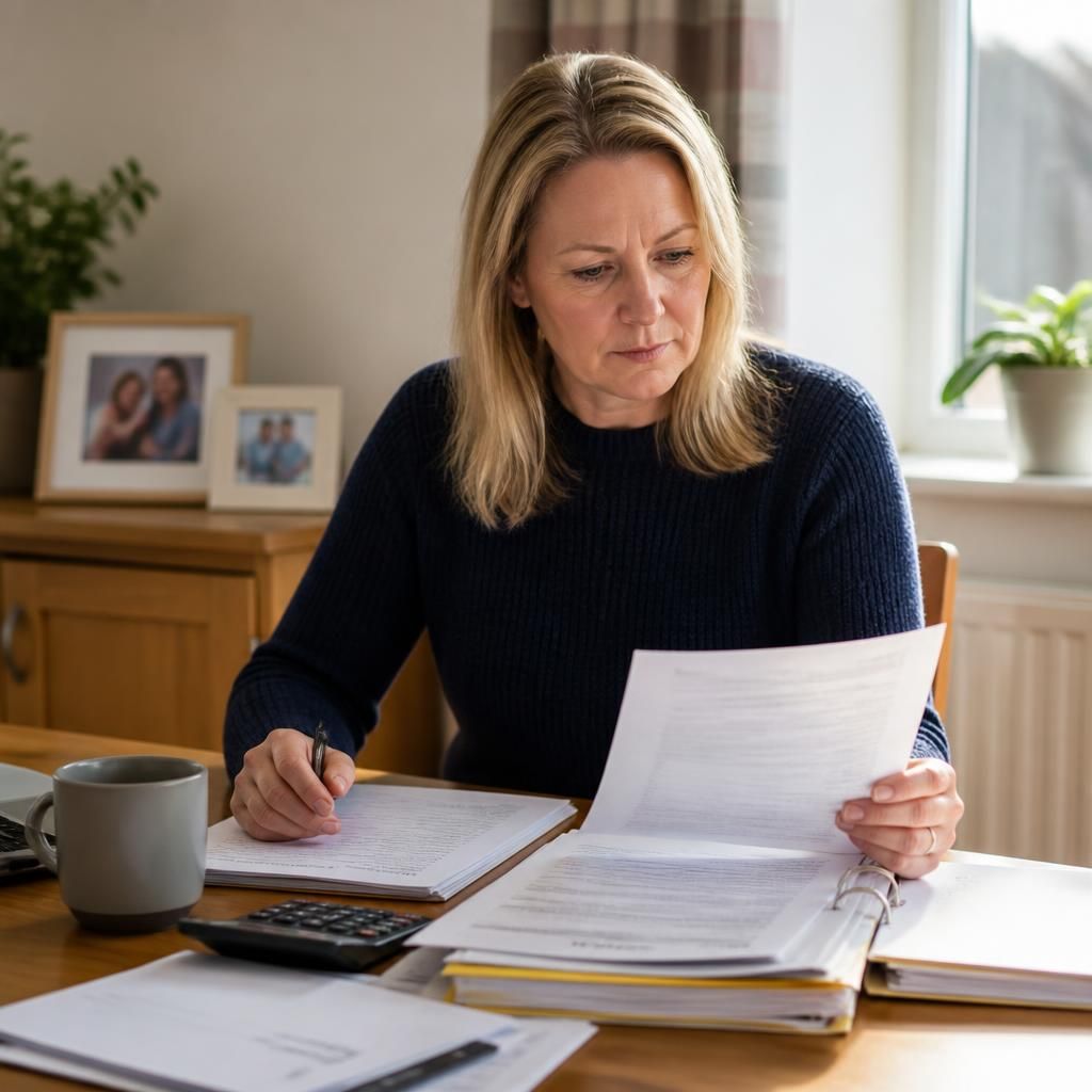 Kinship carer reviewing placement documents and household paperwork
