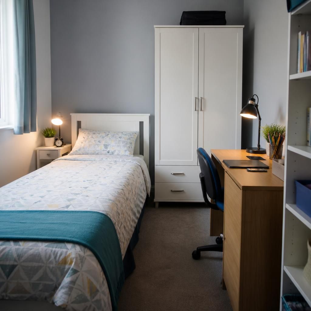 Single bed, wardrobe and desk in a tidy child's bedroom