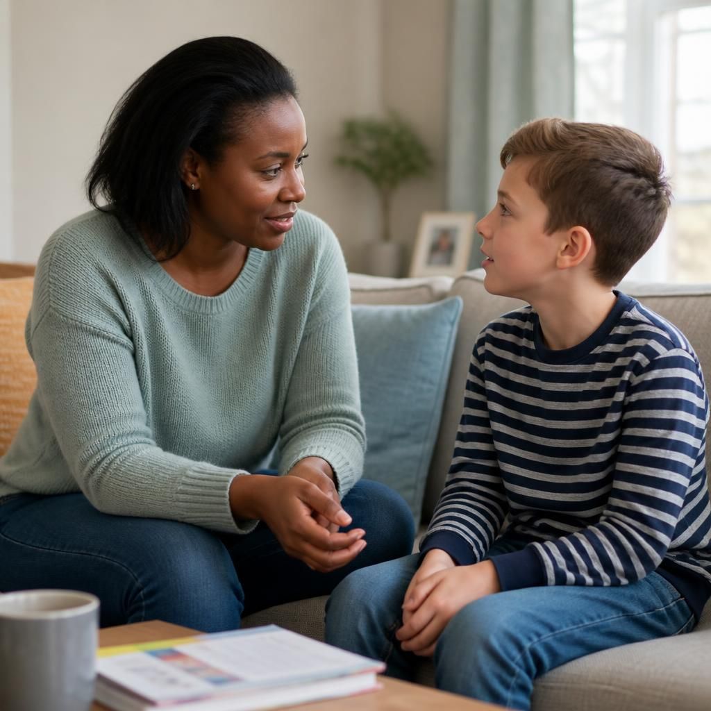 Foster carer talking with a child during a planned respite stay
