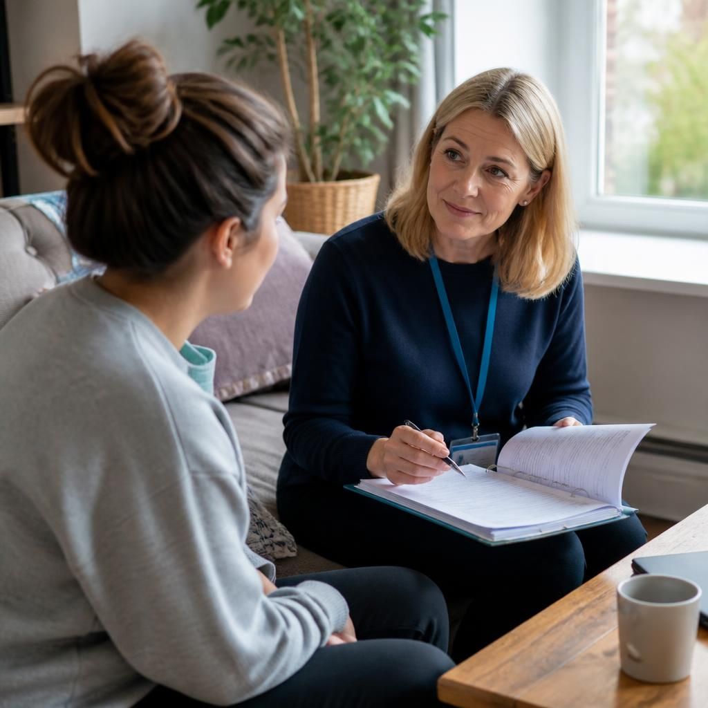 Social worker discussing assessment paperwork with a prospective foster carer