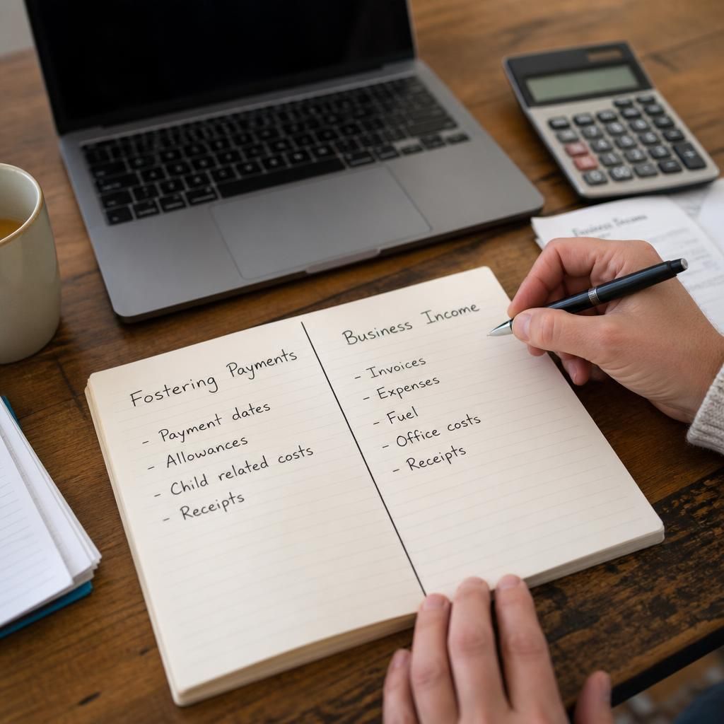 Notebook showing separate records for fostering payments and business income