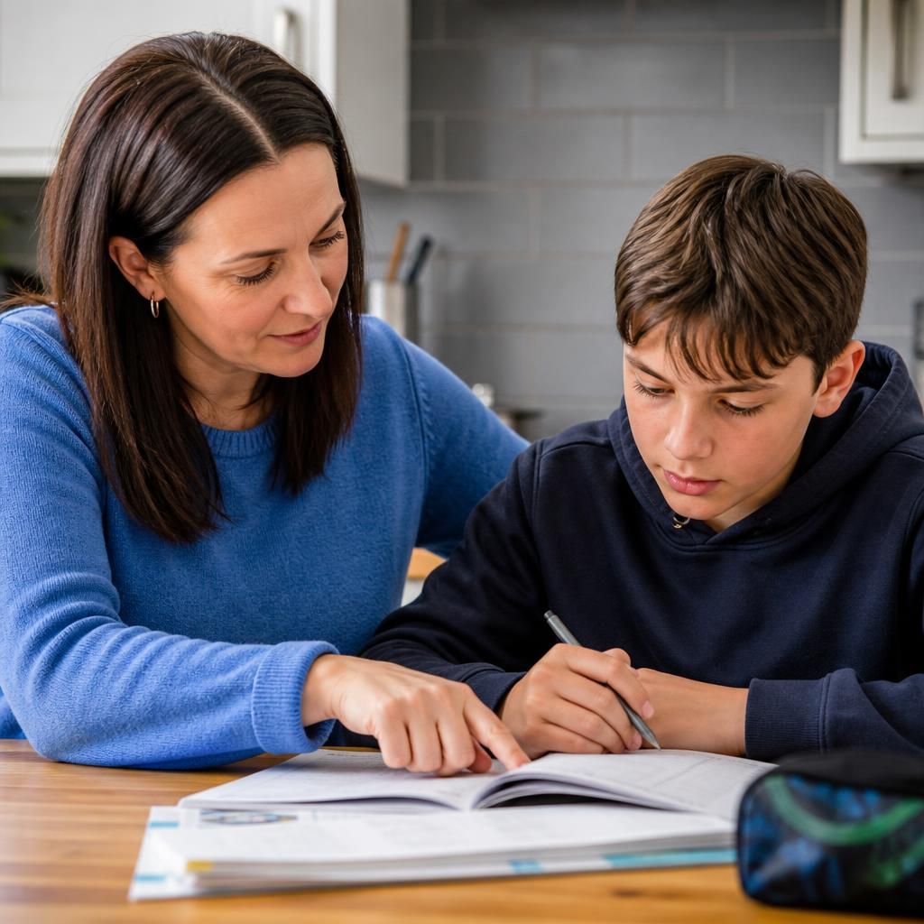 Adult helping a young person organise schoolwork at home