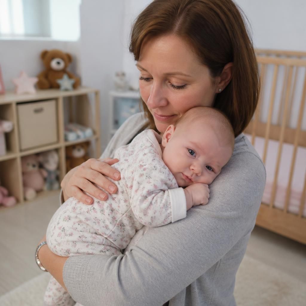 Foster carer holding an infant safely in a nursery room