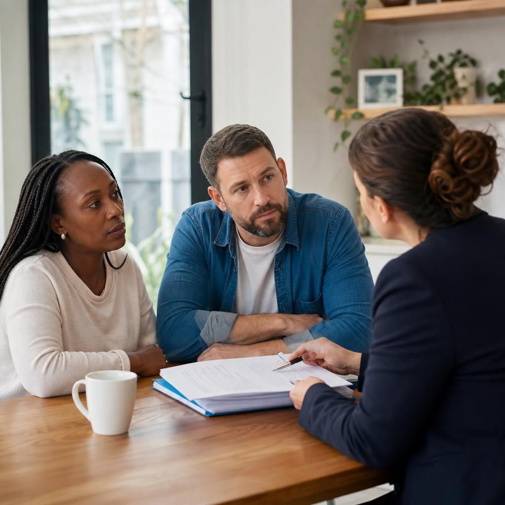 Prospective foster carers discussing paperwork with an assessing social worker