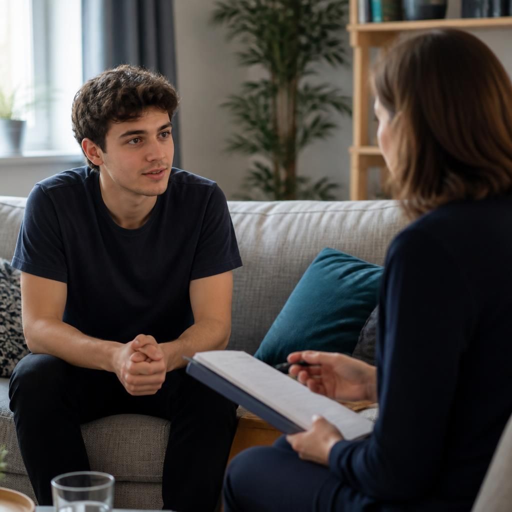 Young adult discussing fostering with a social worker at home