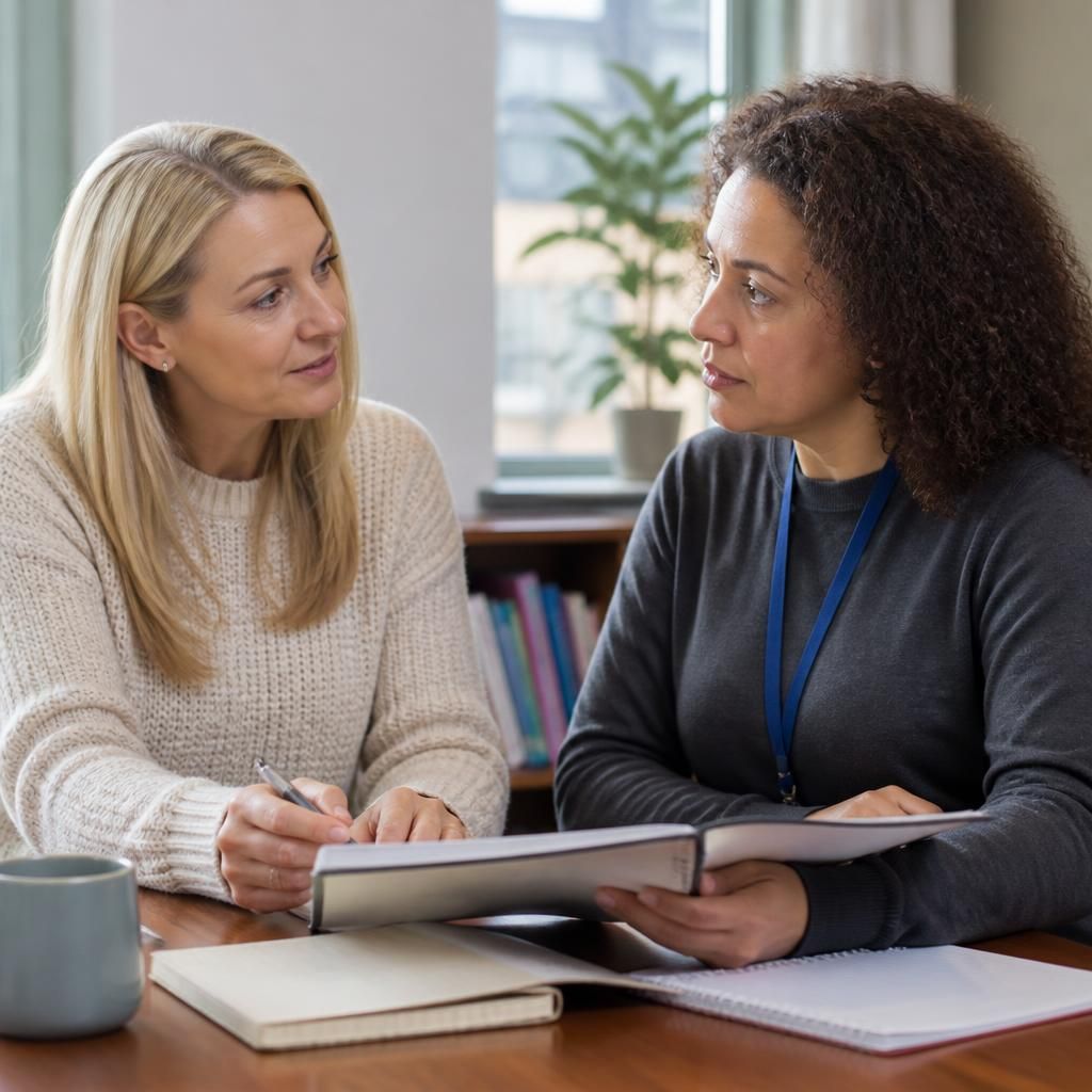 Foster carer speaking with a social worker while reviewing placement notes