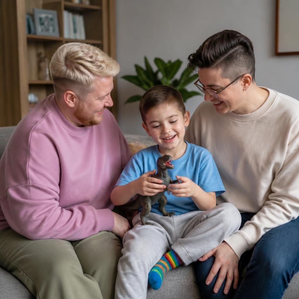 LGBTQ+ foster carers spending time with a child at home