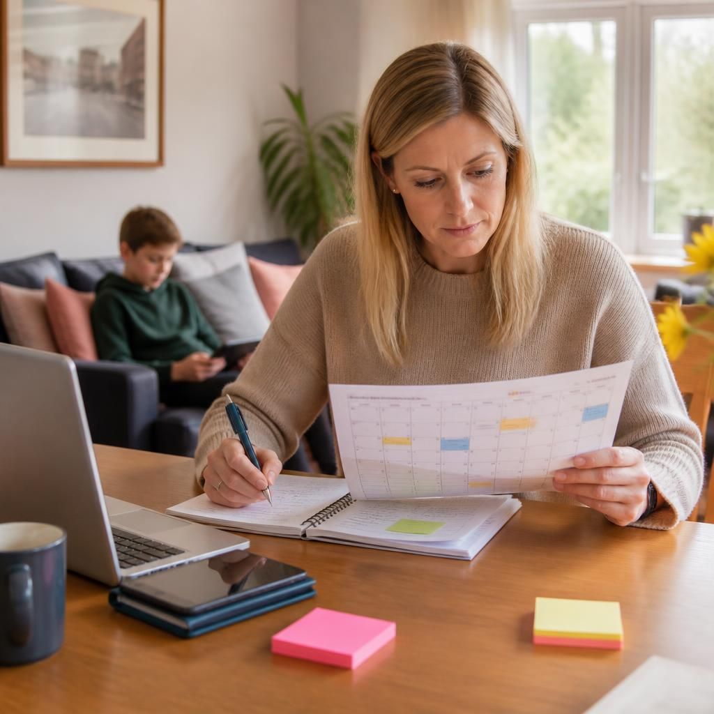 Foster carer reviewing a work calendar and childcare arrangements at home
