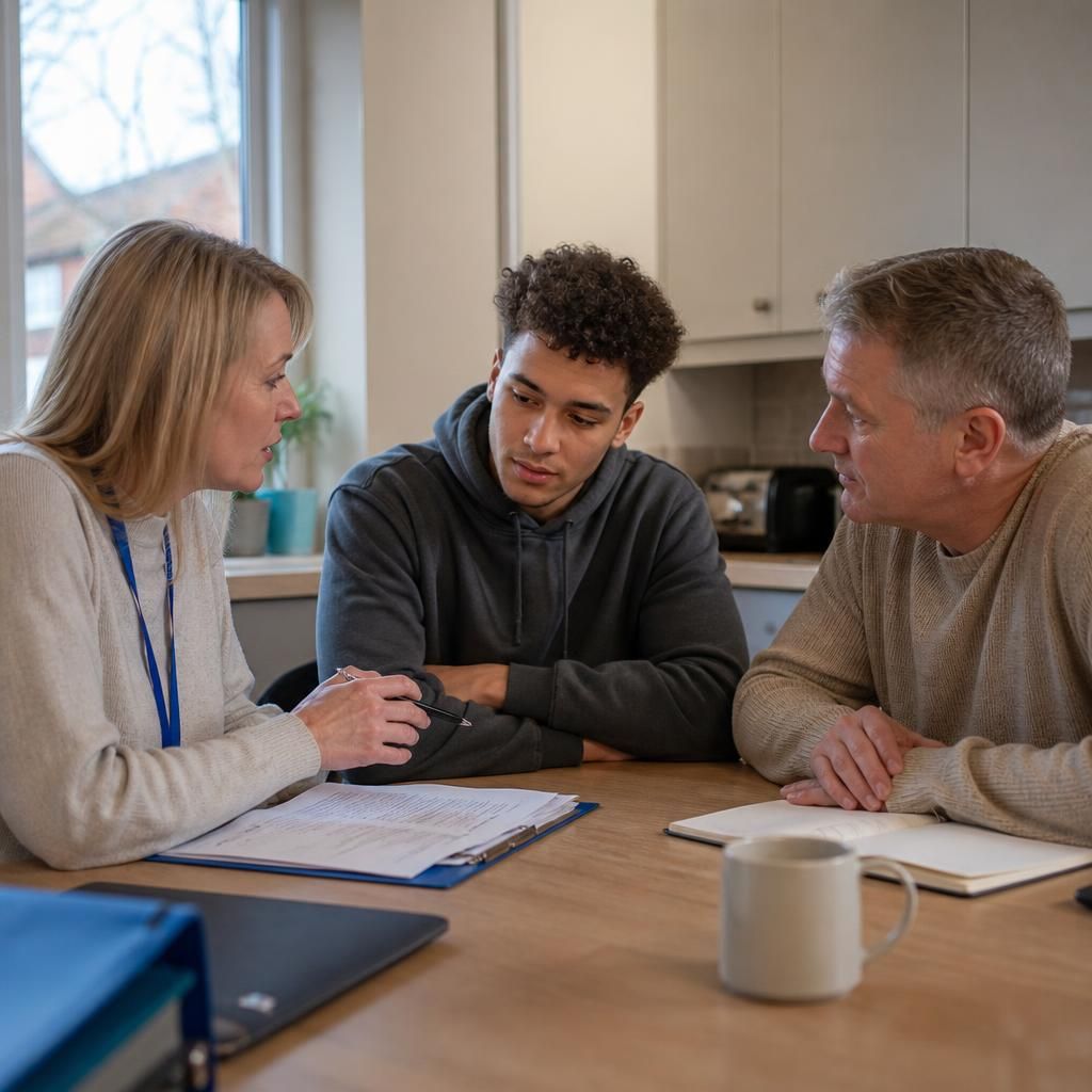 Foster carer, young adult and support worker discussing a care plan