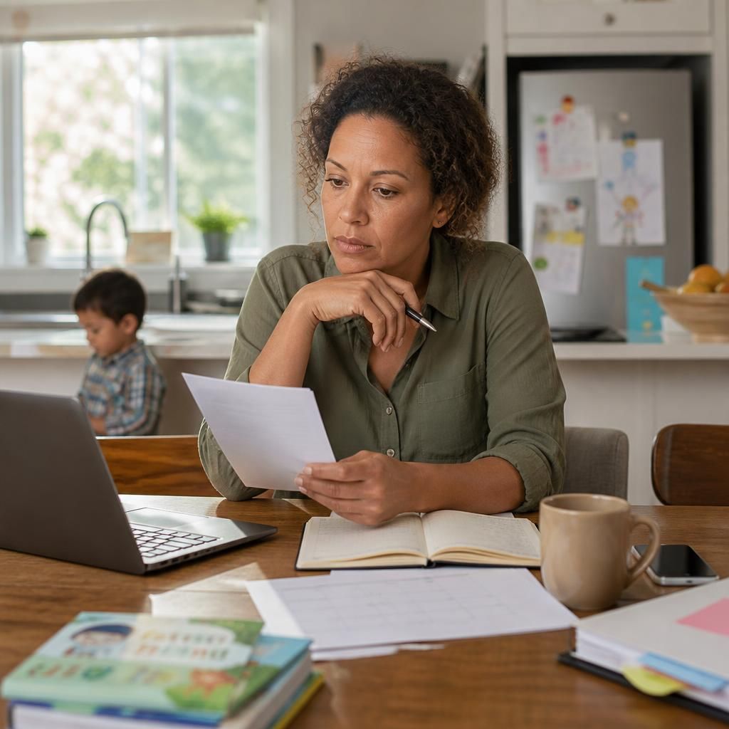 Foster carer reviewing work and childcare arrangements at a kitchen table