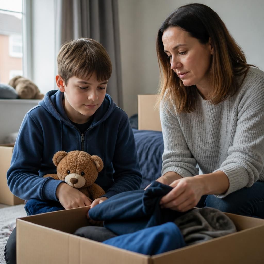 Foster carer and child organising personal belongings during a transition