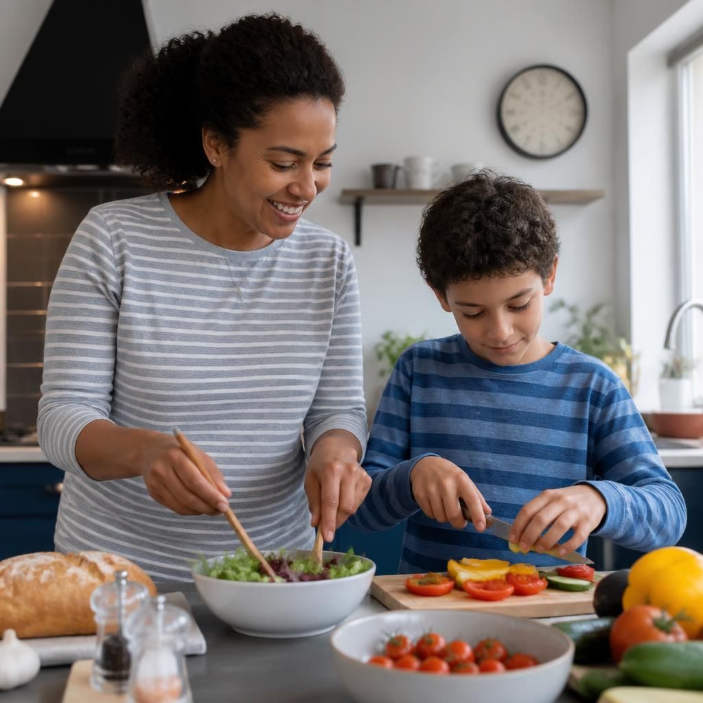 Foster carer and child preparing a meal together in a family kitchen
