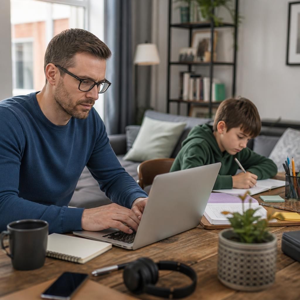 Foster carer working at a desk while a child completes homework nearby