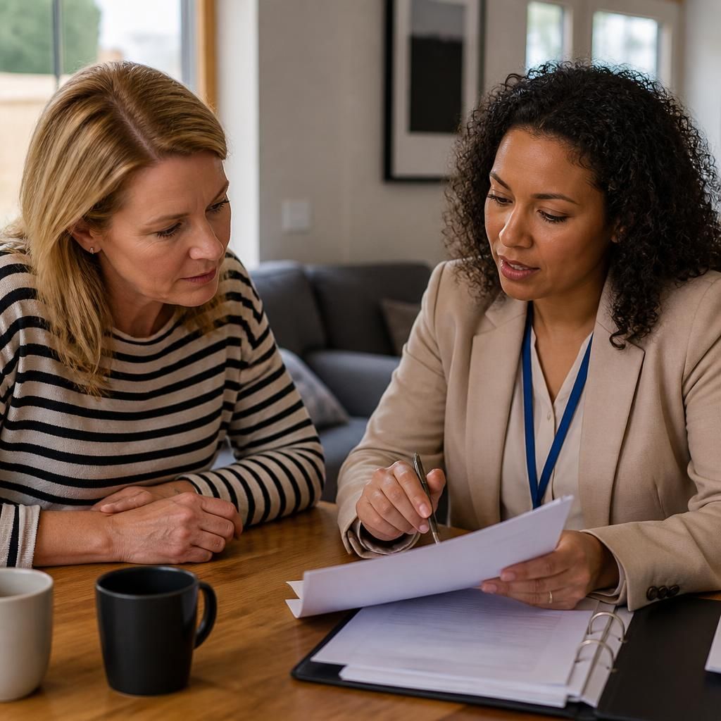 Foster applicant and social worker reviewing assessment documents at a table
