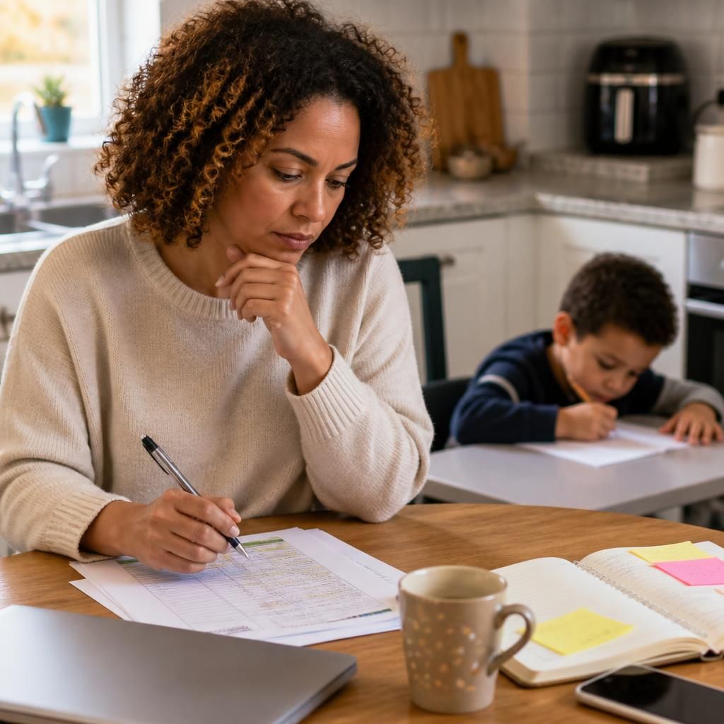 Foster carer reviewing a work and childcare plan at the kitchen table