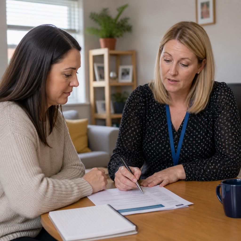 Foster carer and social worker reviewing a child’s changing care plan