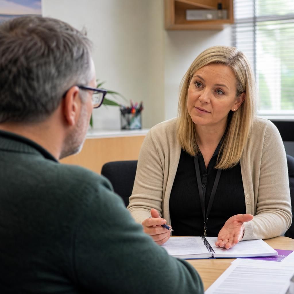 Foster carer speaking with a social worker during a review meeting