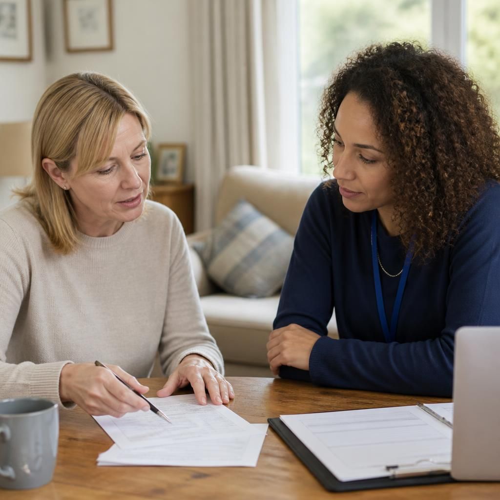 Foster carer reviewing placement payment documents with a social worker