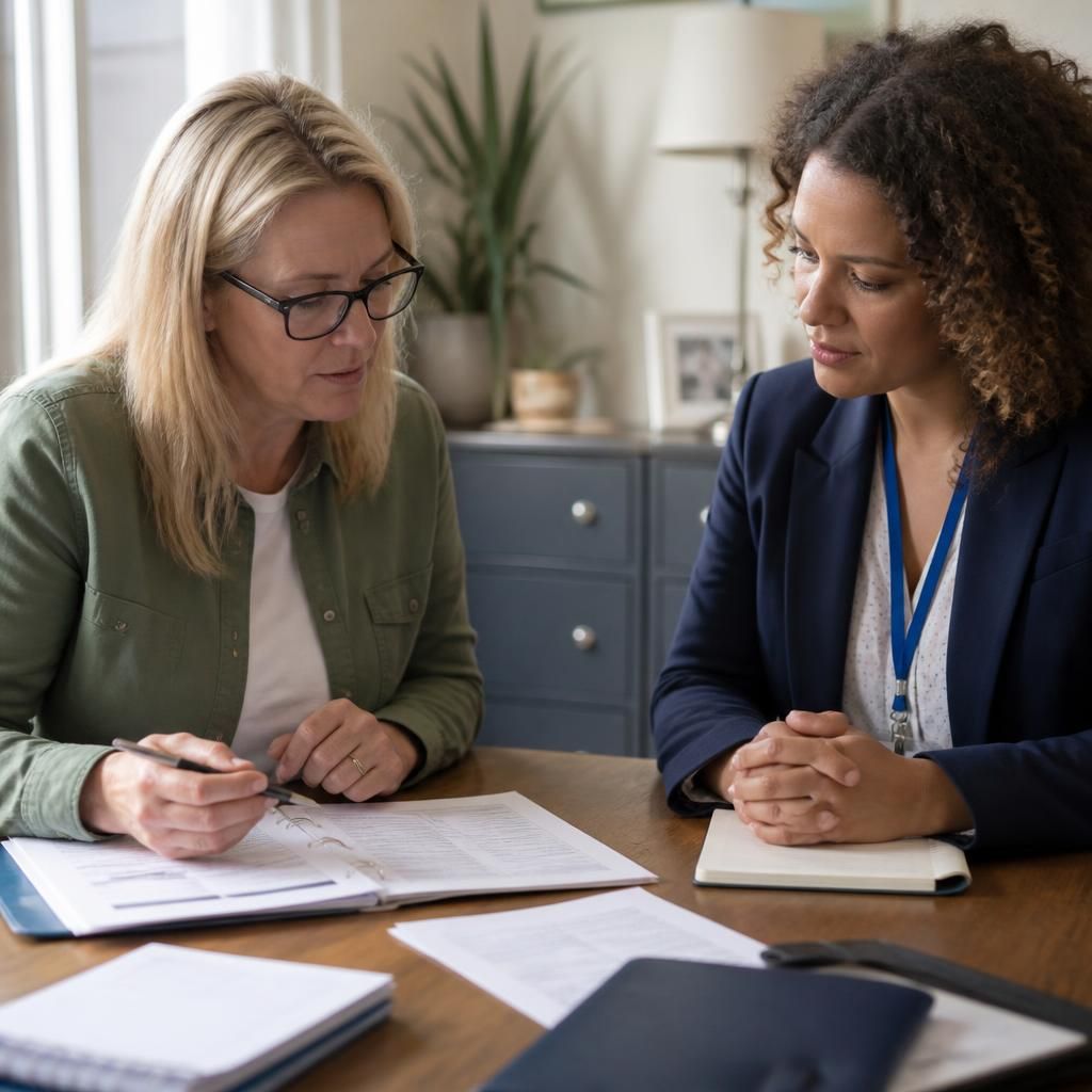 Foster carer and supervising social worker discussing review documents at a table