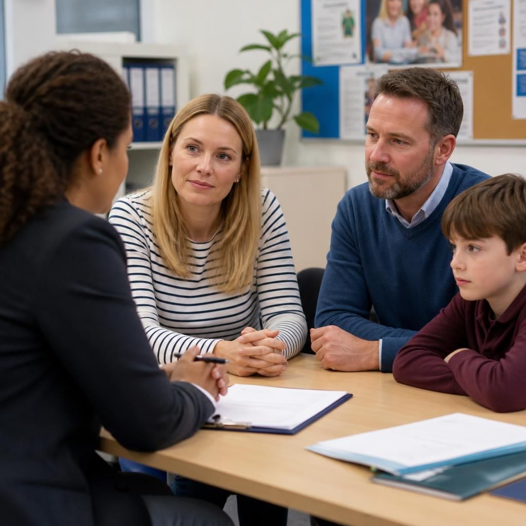 Family members discussing fostering with a social worker at a table