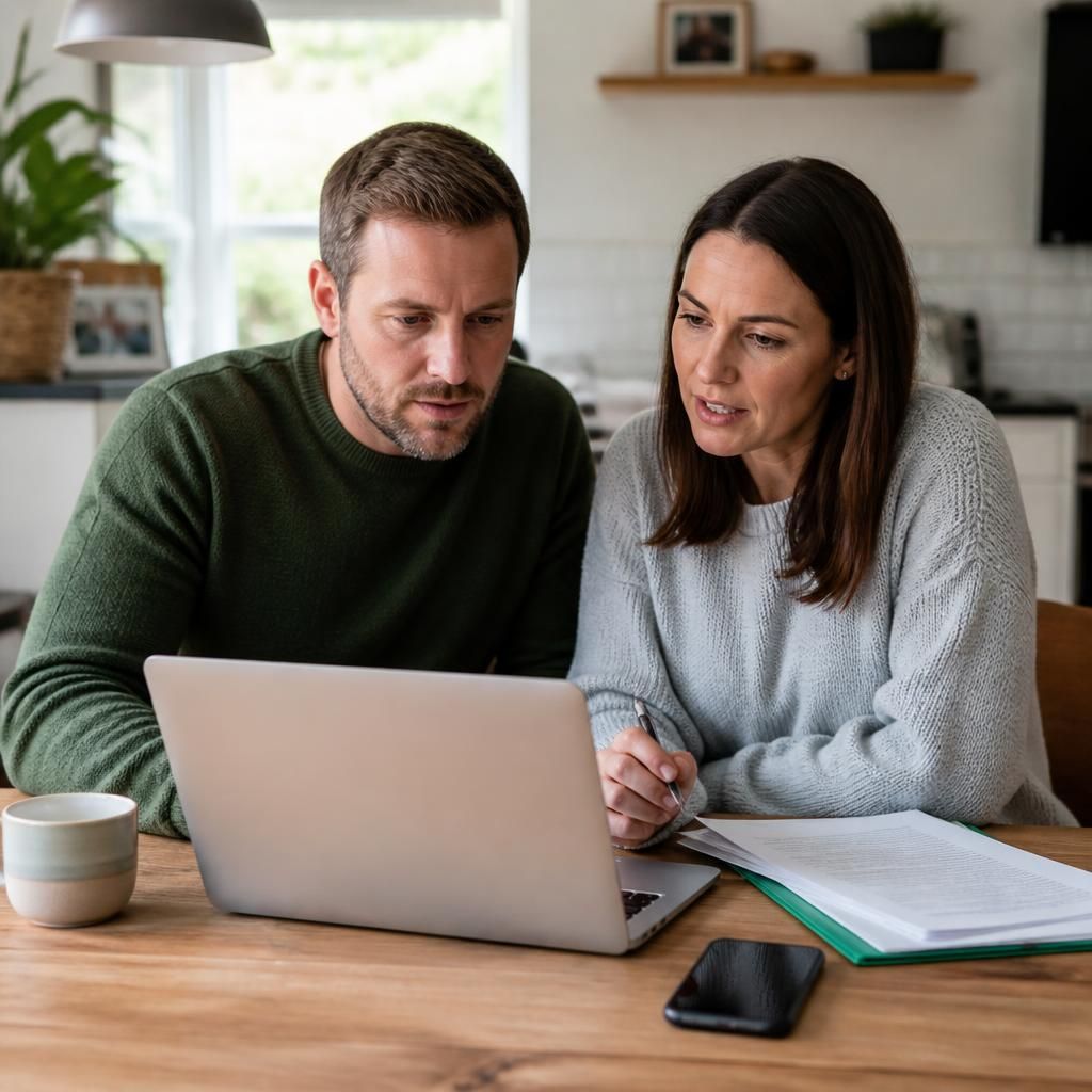 Couple discussing fostering information together at home