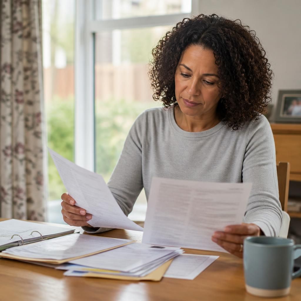 Foster carer reviewing placement and payment documents at a table
