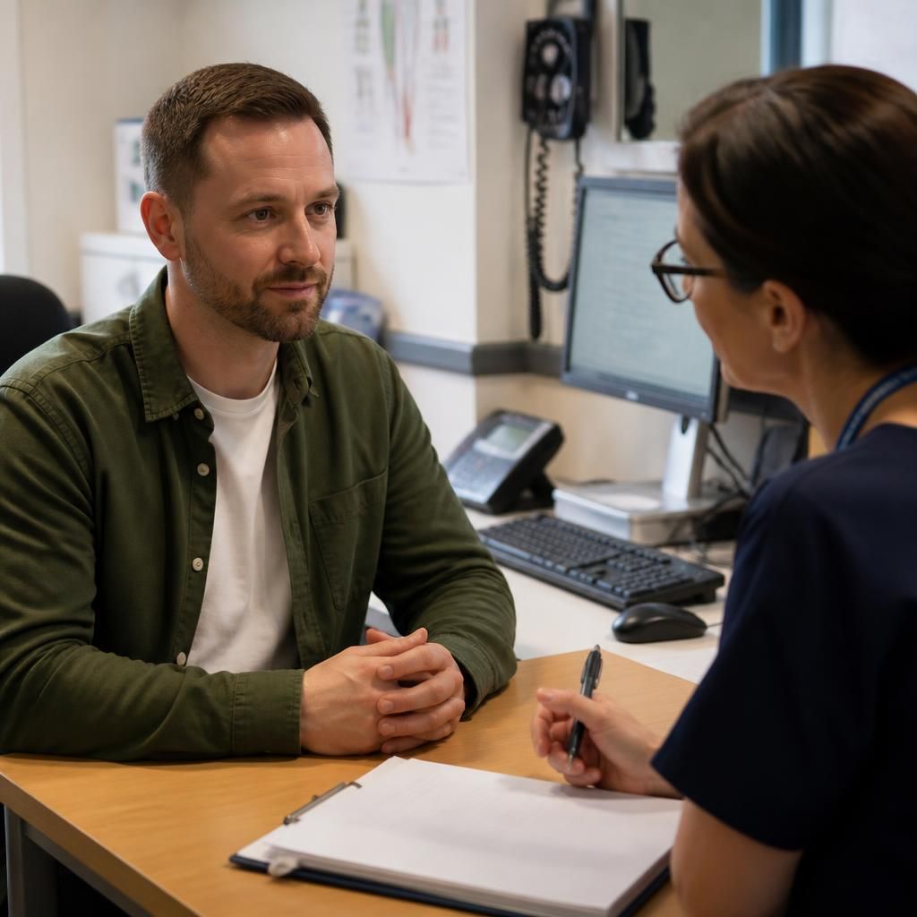 Prospective foster carer speaking with a healthcare professional during a medical assessment