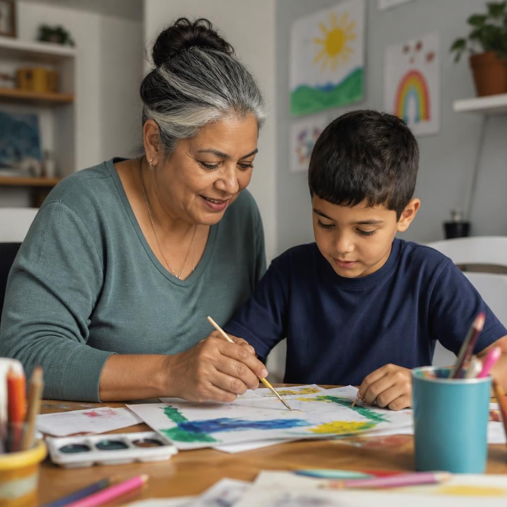 Kinship carer helping a child with a creative activity