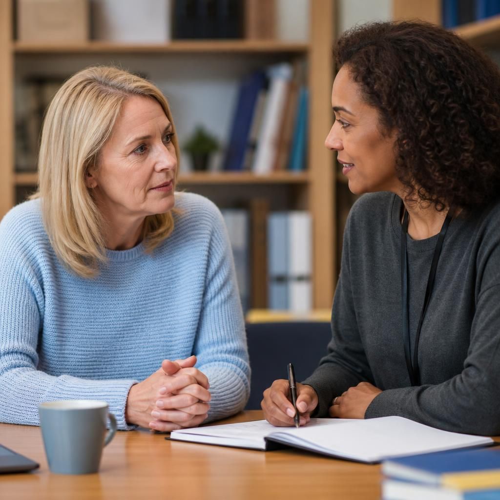 Foster carer speaking with a social worker at a table