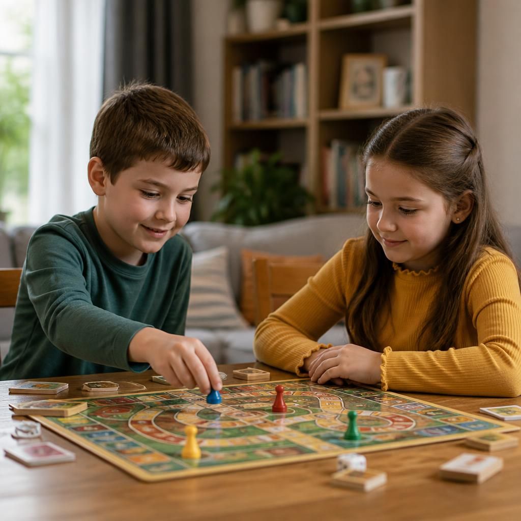Two children playing a board game together at a table