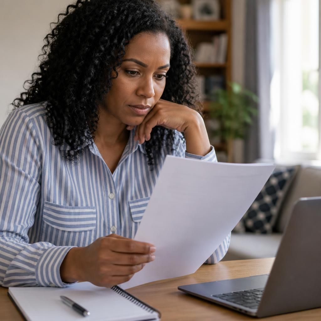Person reviewing an employment contract beside a pen and notebook