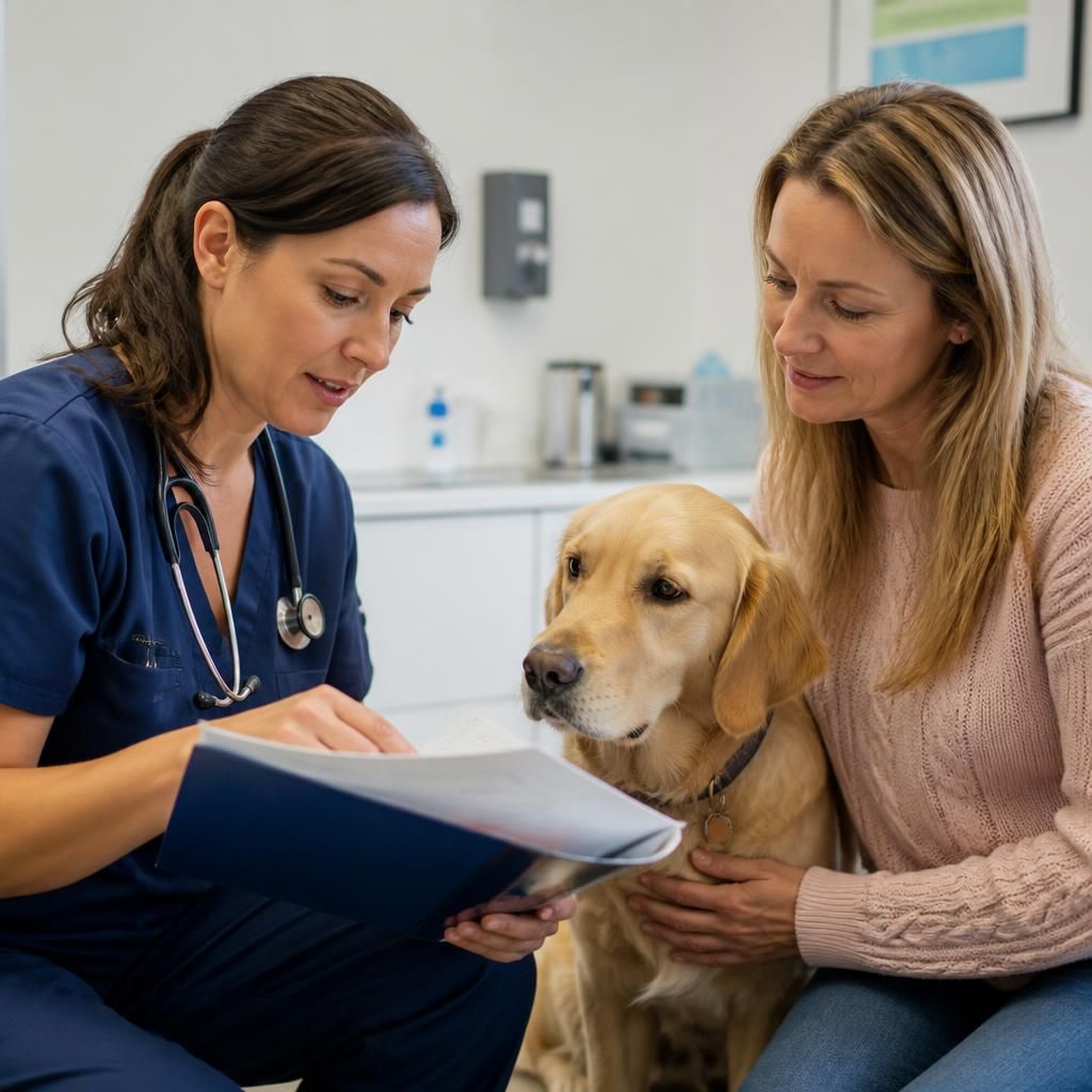 Veterinarian checking a dog's health records during an appointment