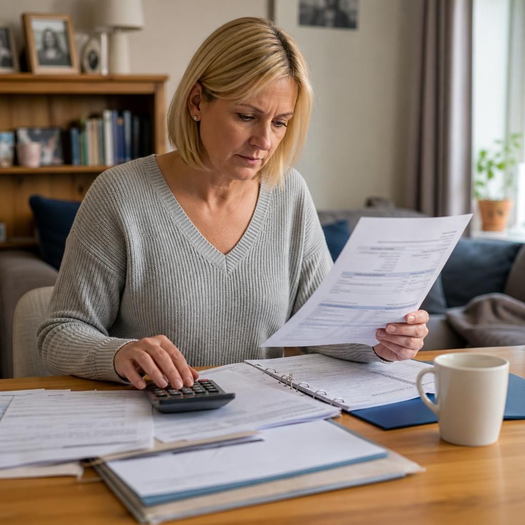Foster carer reviewing tenancy documents and household paperwork at home