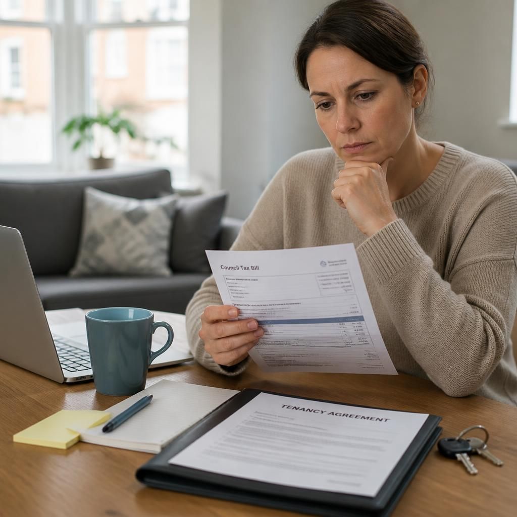 Tenant reviewing a council tax bill beside a rental agreement