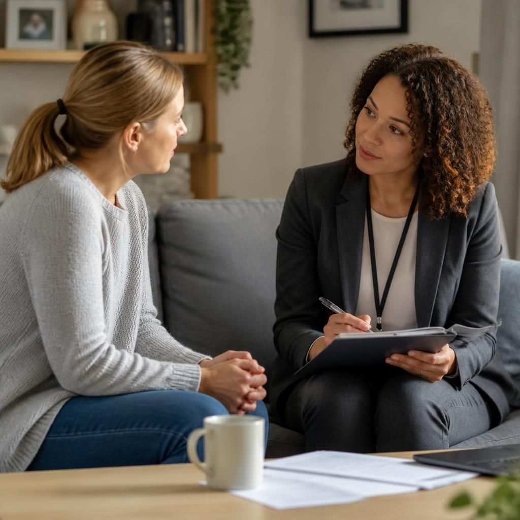 Foster carer discussing housing arrangements with a social worker