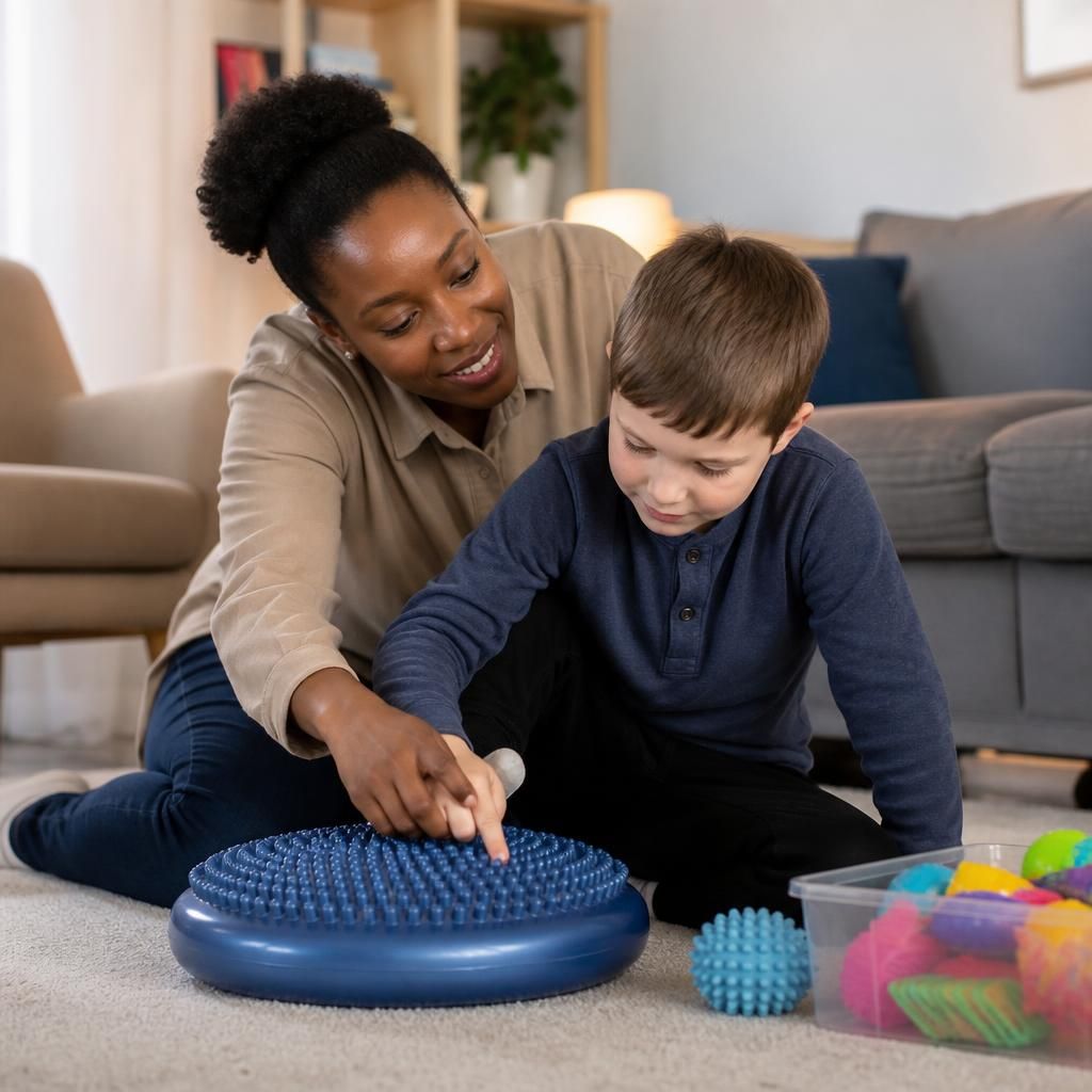 Foster carer helping a child use sensory equipment at home