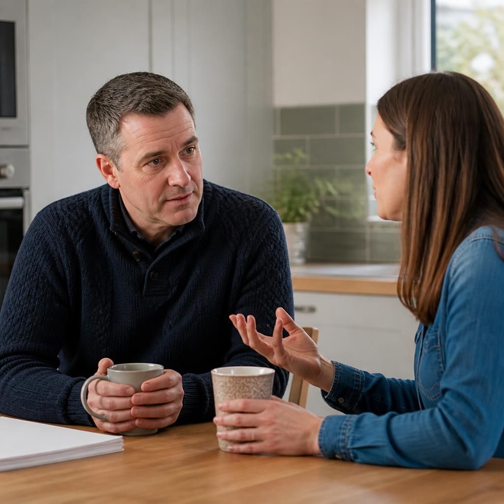 Two adults discussing fostering at a kitchen table