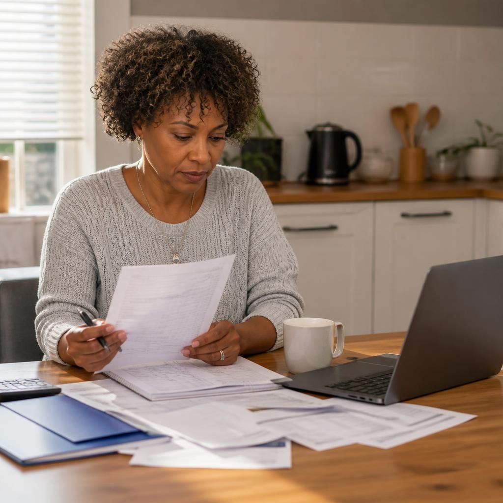 Foster carer reviewing household finances and fostering payment records