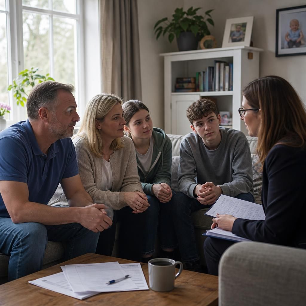 Family members speaking with a fostering social worker during a home visit