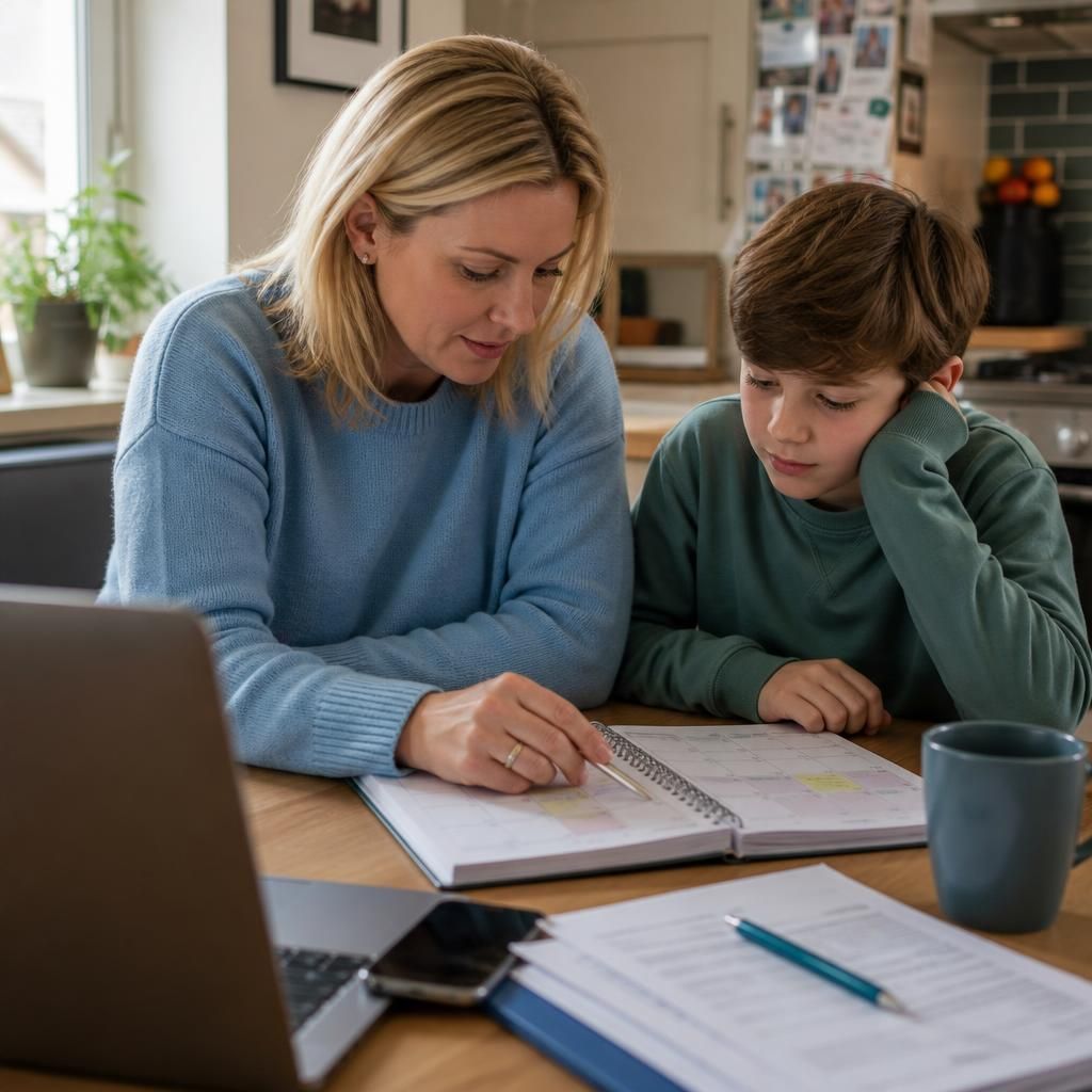 Foster carer organising work and a child’s daily routine at home