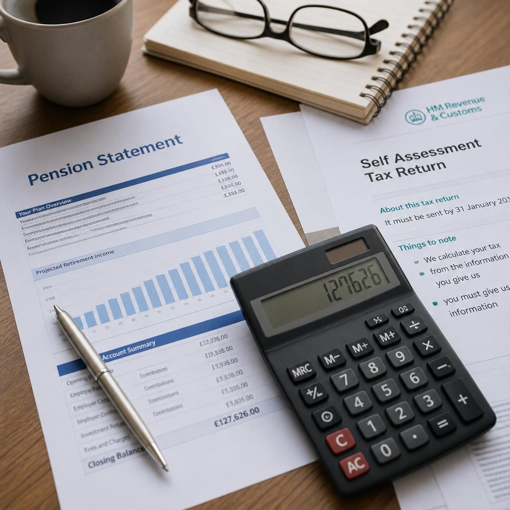 Pension statement, calculator and tax documents on a desk