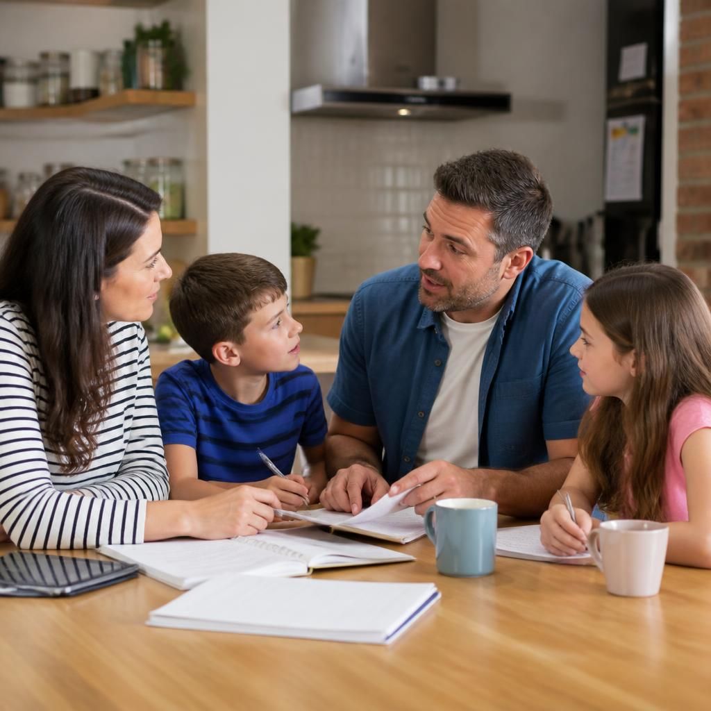 Parents and children discussing plans together around a kitchen table