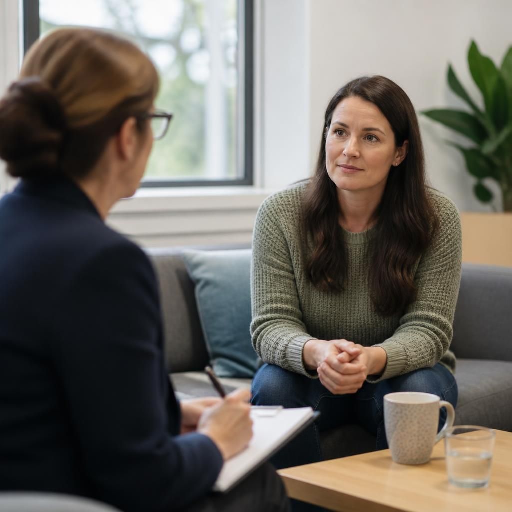 Single adult speaking with a social worker during a fostering assessment