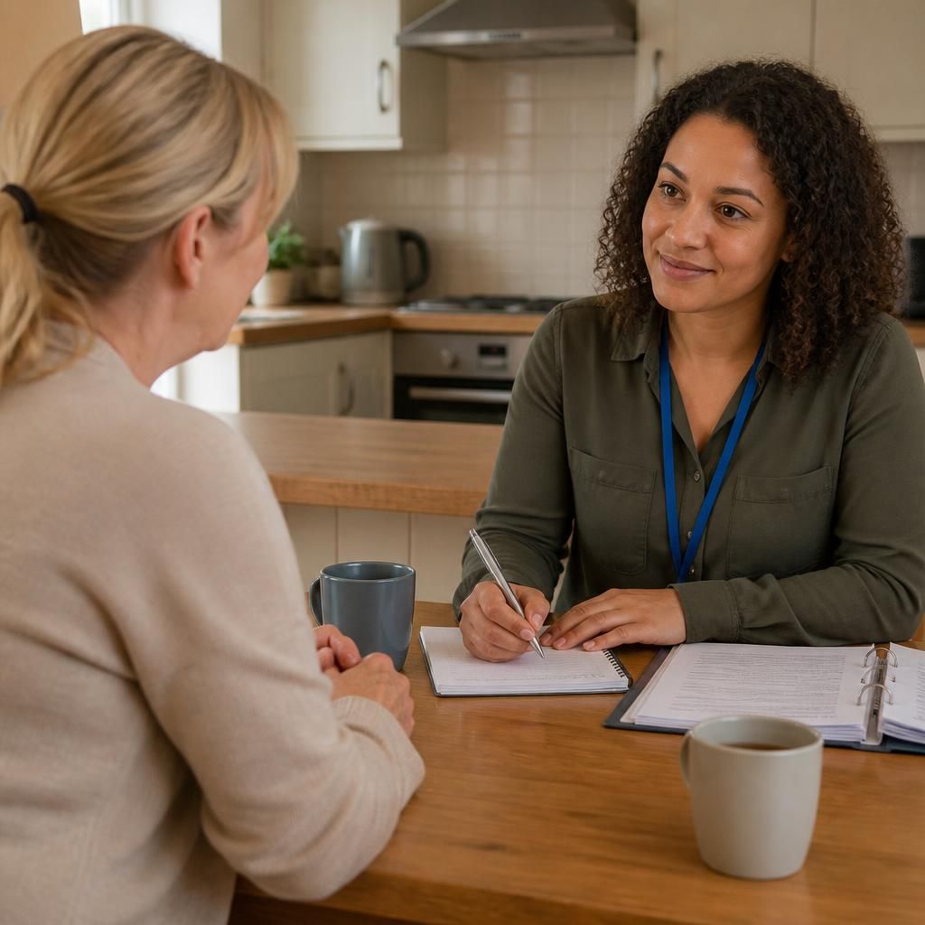 Foster carer speaking with a supervising social worker at a table