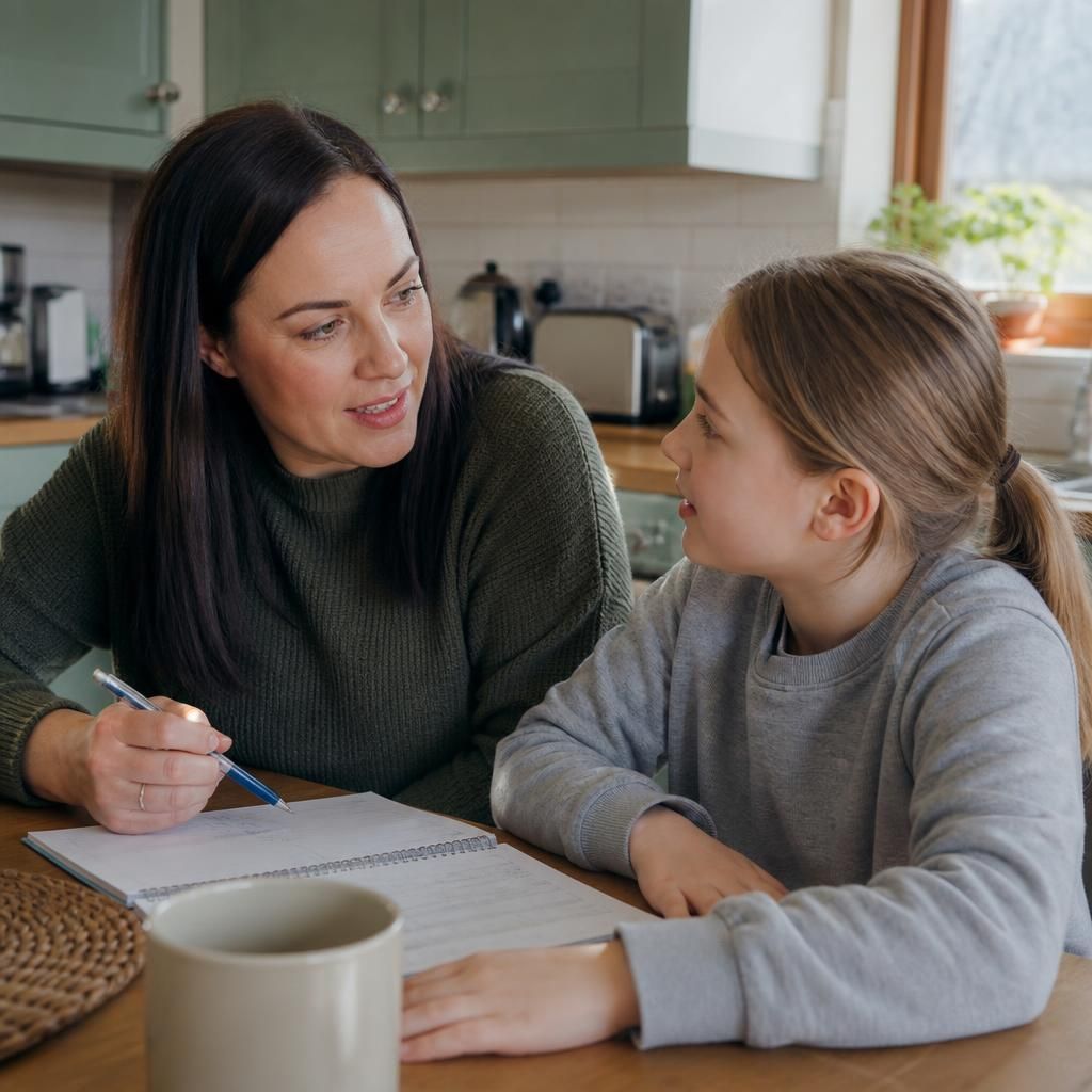 Foster carer and child discussing a daily routine at a kitchen table