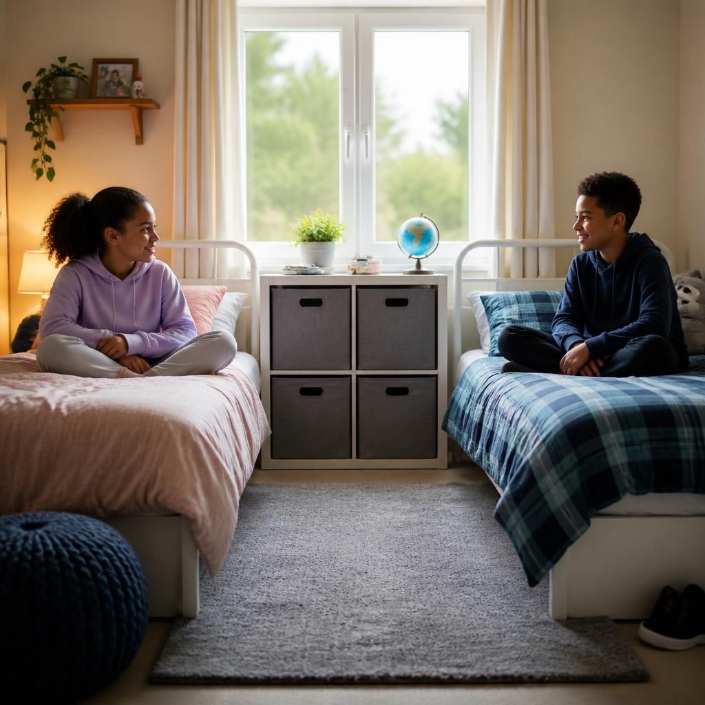 Two siblings sharing a bedroom with separate beds and personal storage