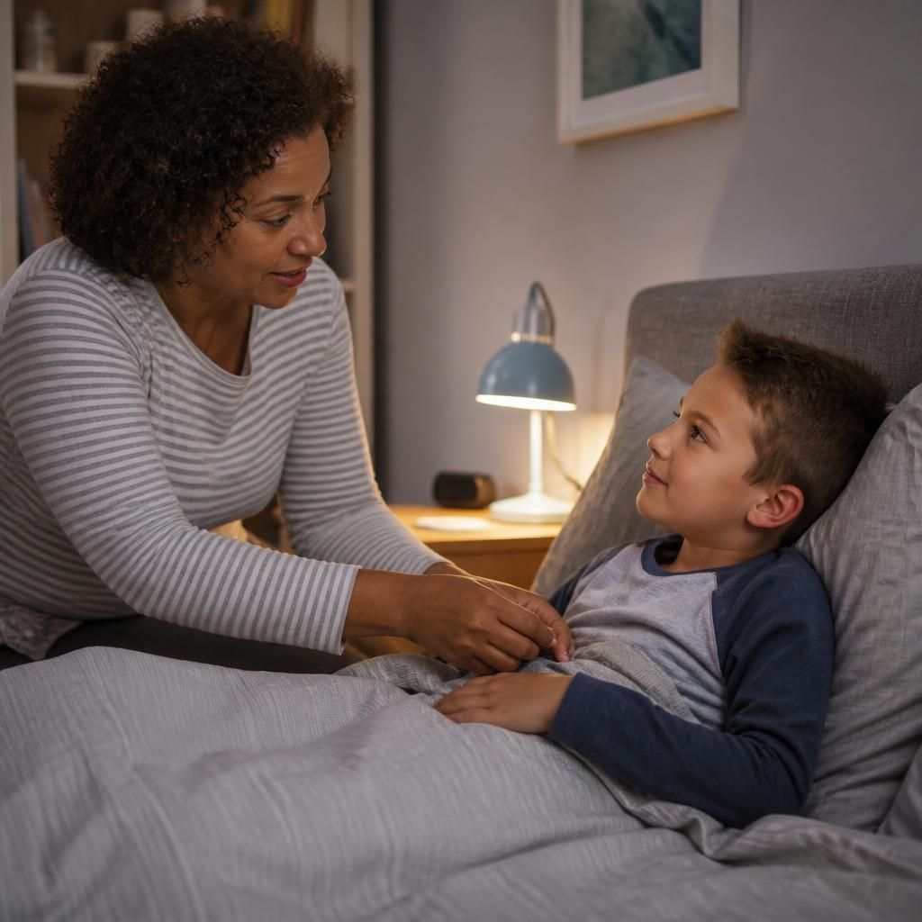 Foster carer helping a child with an evening routine in a family home