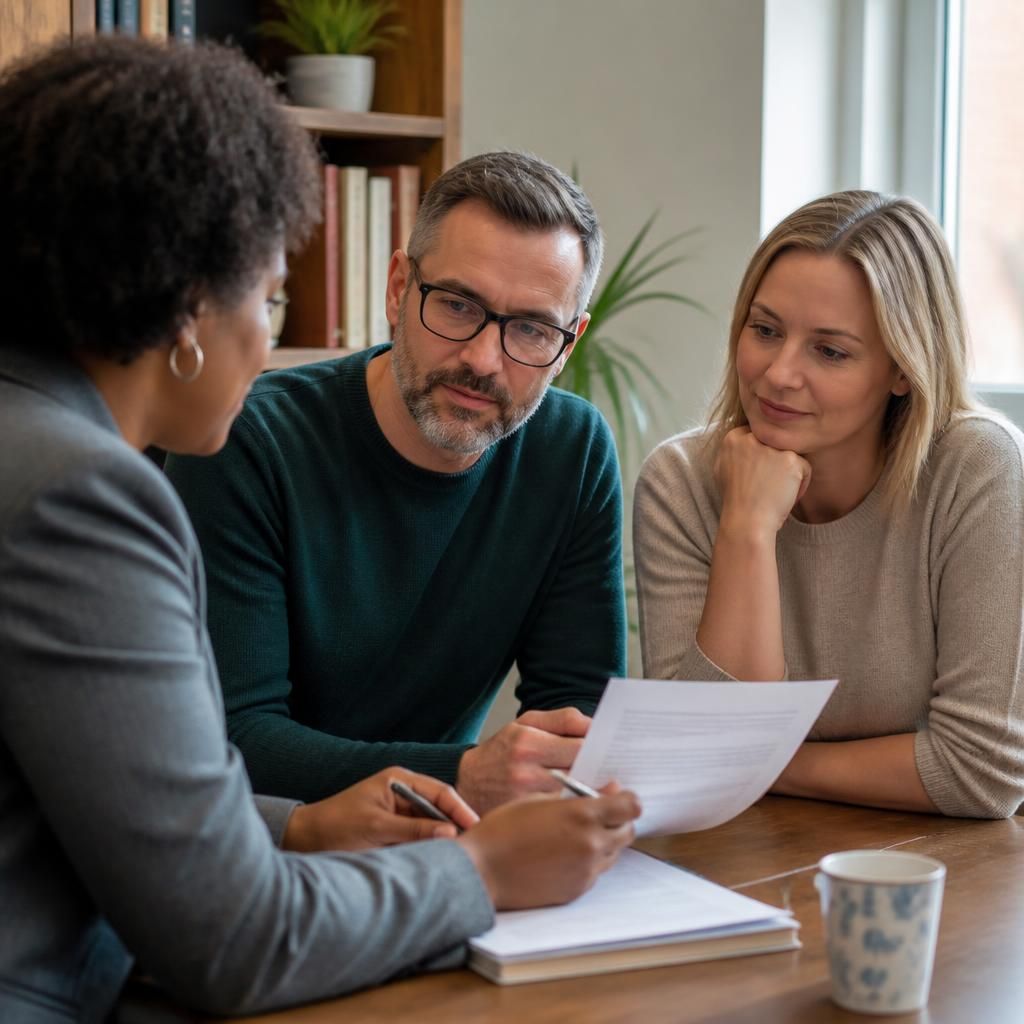 Foster carer discussing a child’s updated care plan with social work professionals