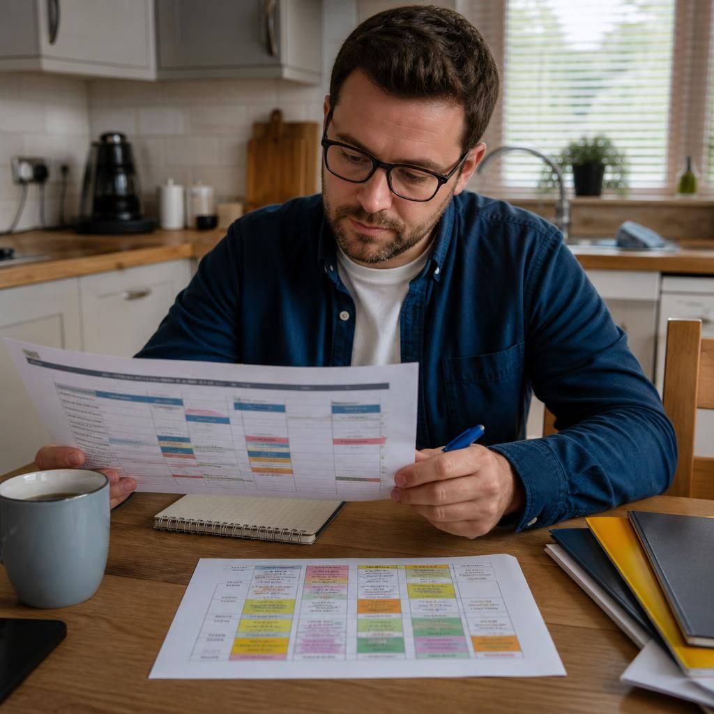 Foster carer reviewing a work rota and a child's school timetable at a kitchen table
